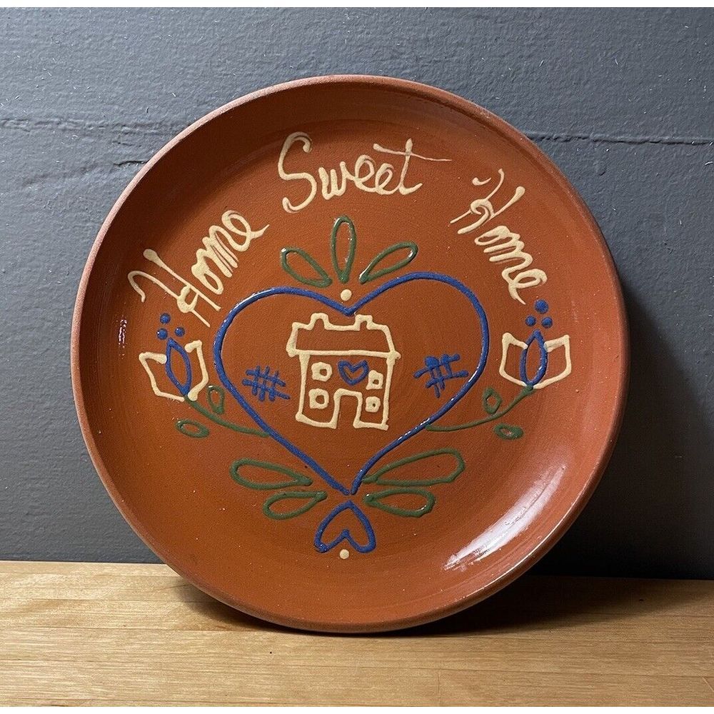 🏠 Vintage '86 Signed Gris Pottery Redware Slipware "Home Sweet Home" Plate. 🏠
